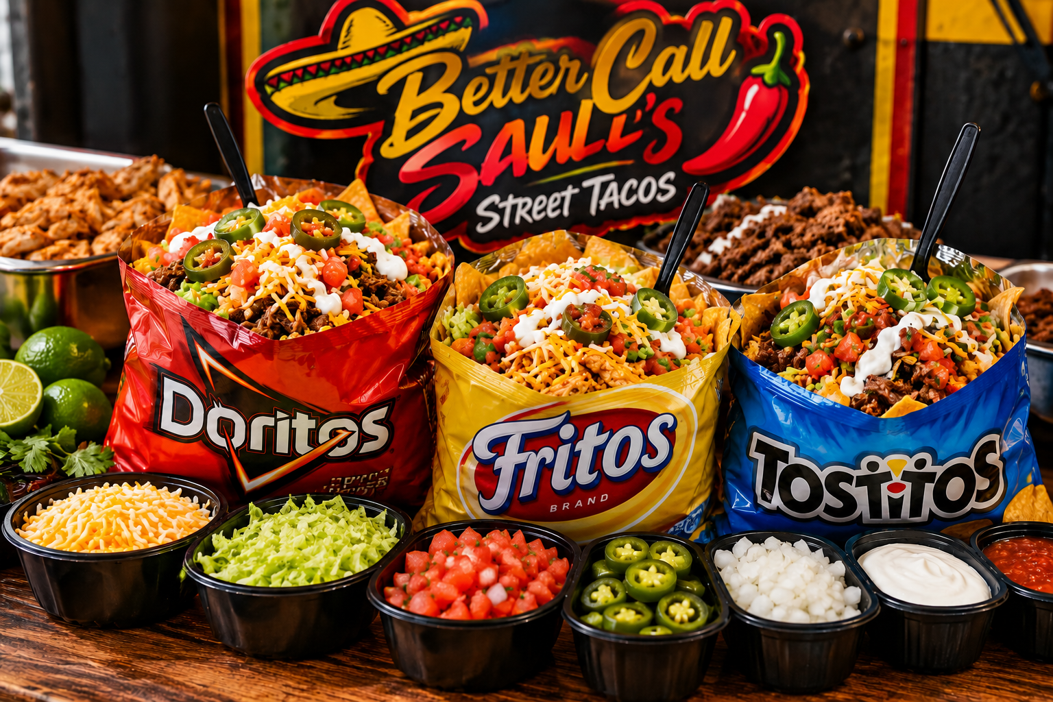 Three loaded Walking Tacos in Doritos, Fritos, and Tostitos bags with fresh toppings and the Better Call Saul's Street Tacos sign
